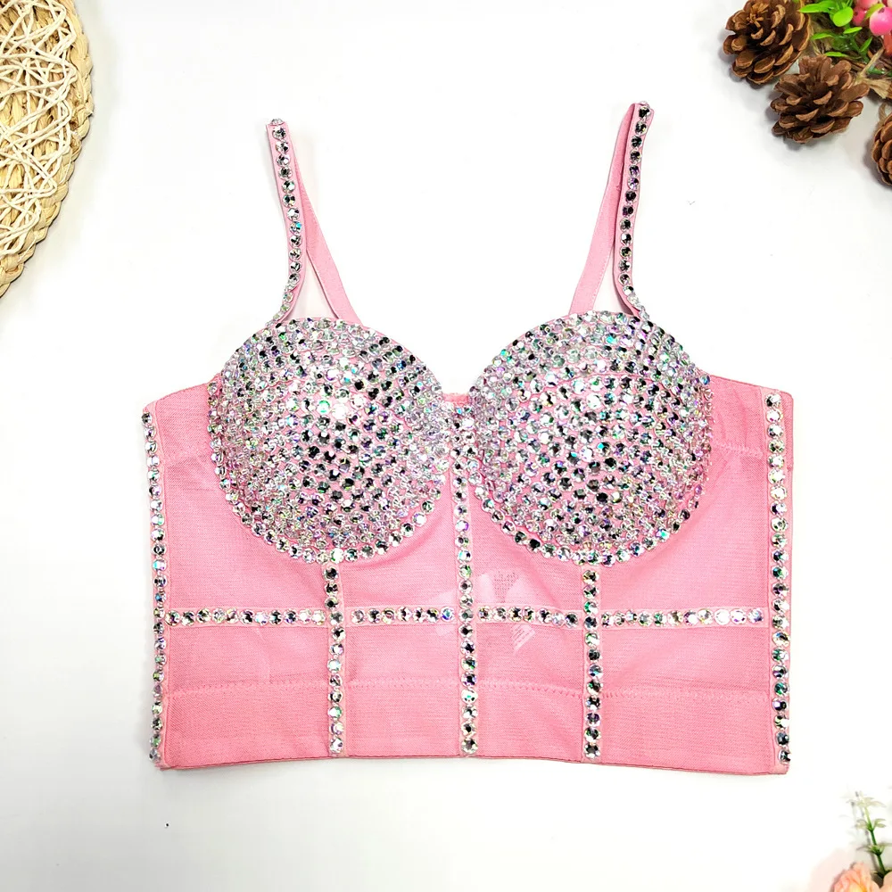 

Women Diamonds Camis Corset Crop Top Tank Backless Stage Nightclub Female Sexy Push Up Bra Bustier Outwear strap Short Vest