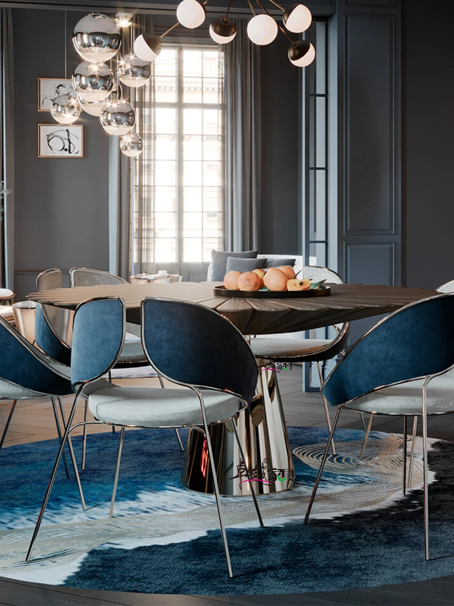 

Italian light luxury dining table Walnut solid wood designer postmodern villa high-end brass living room home round dining table
