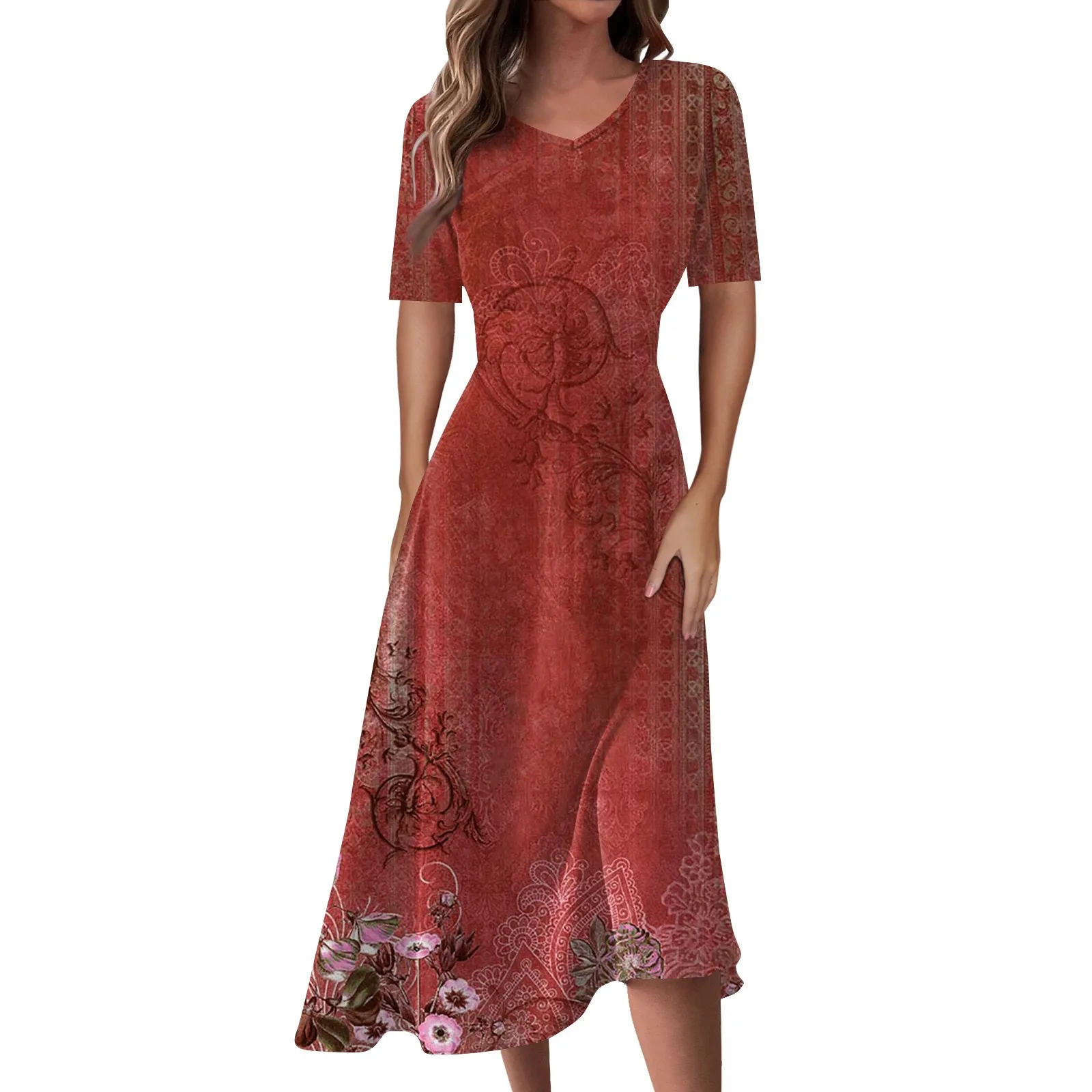 

Ladies Casual Fashion Floral Print V-Neck Short Sleeve Waist Long Swing Dress vestidos elegantes feminino vestidos para mujer
