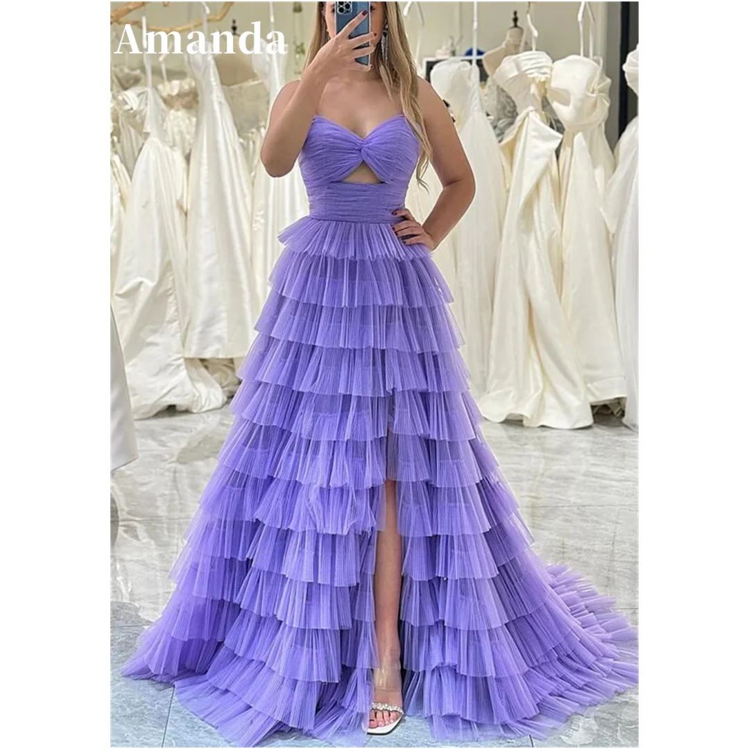 

Amanda Purple Tulle vestidos de noche Strapless A-line Prom Dresses Elegant Sleeveless Floor-Length Side Split Formal Evening