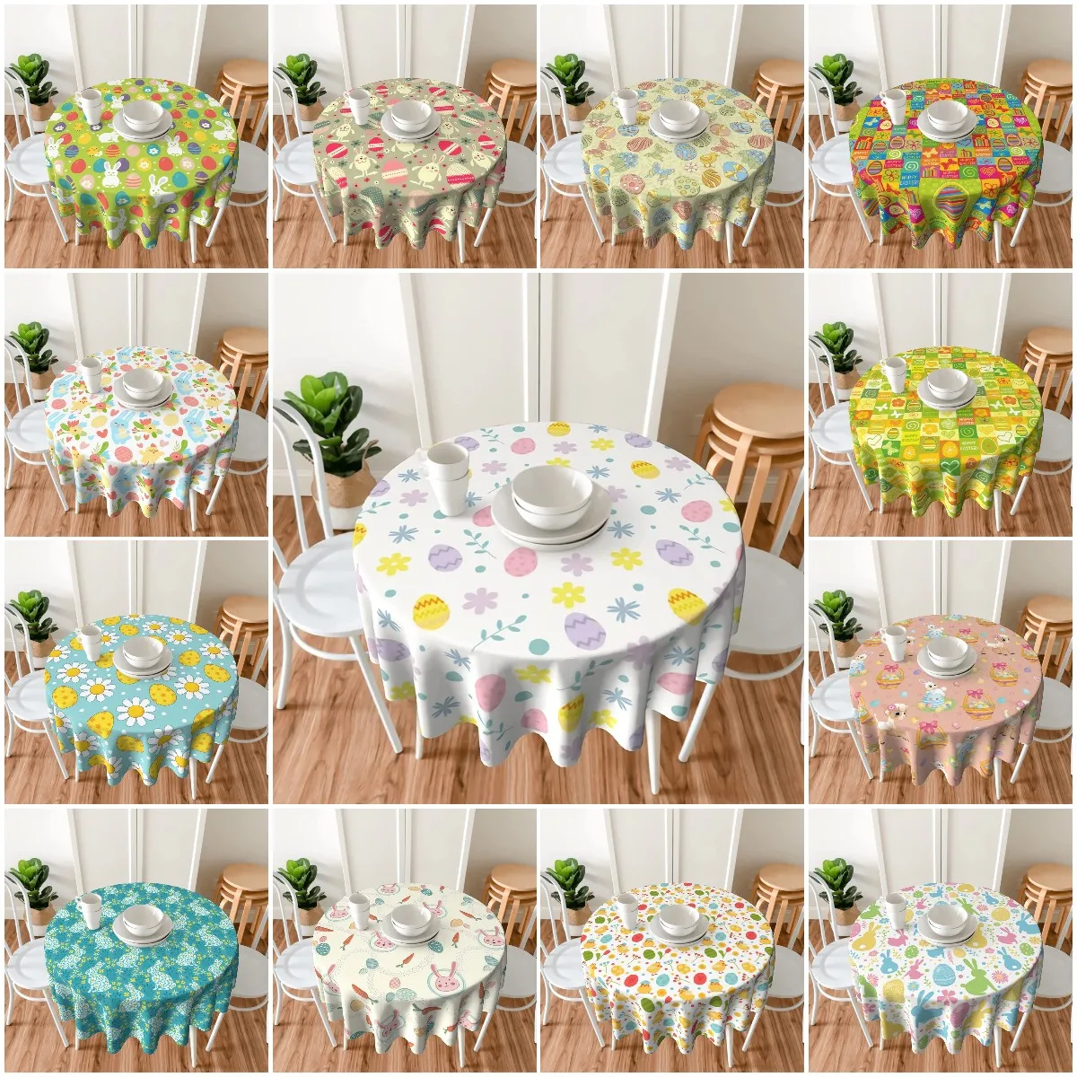 

Easter Eggs Branches Flowers Cute Bunny Round Tablecloth Wrinkle Resistant Table Cover for Dining Room Kitchen Decoration 60inch