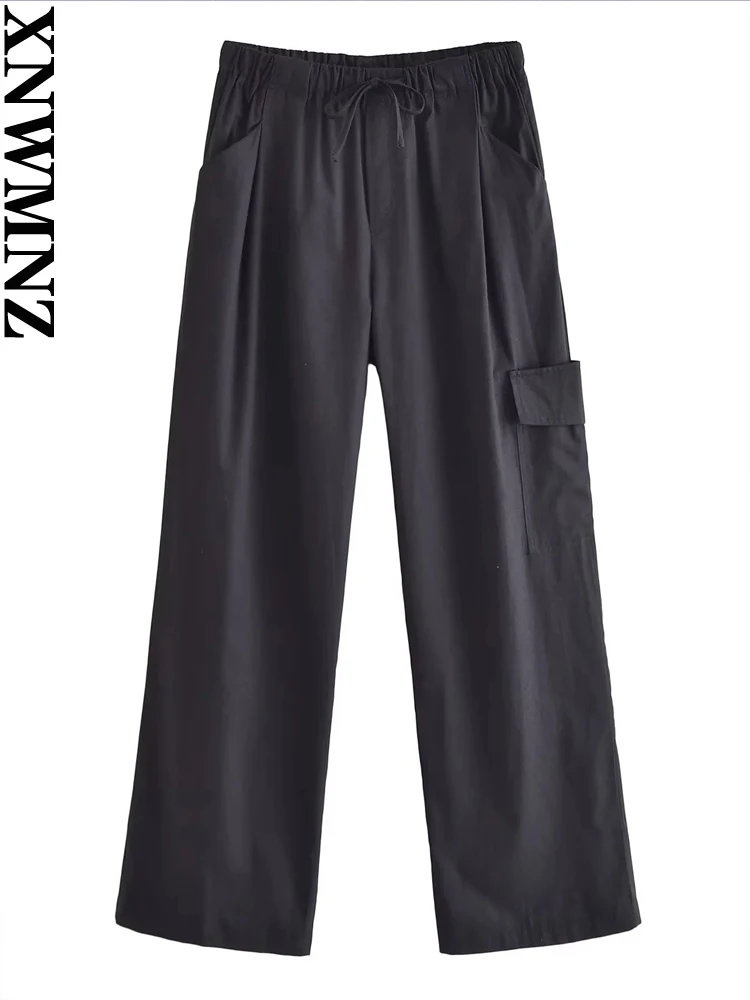 

XNWMNZ 2023 Women Fashion Cargo Trousers Vintage High Street Elastic High Waist Drawcord Patch Pocket Female Chic pants