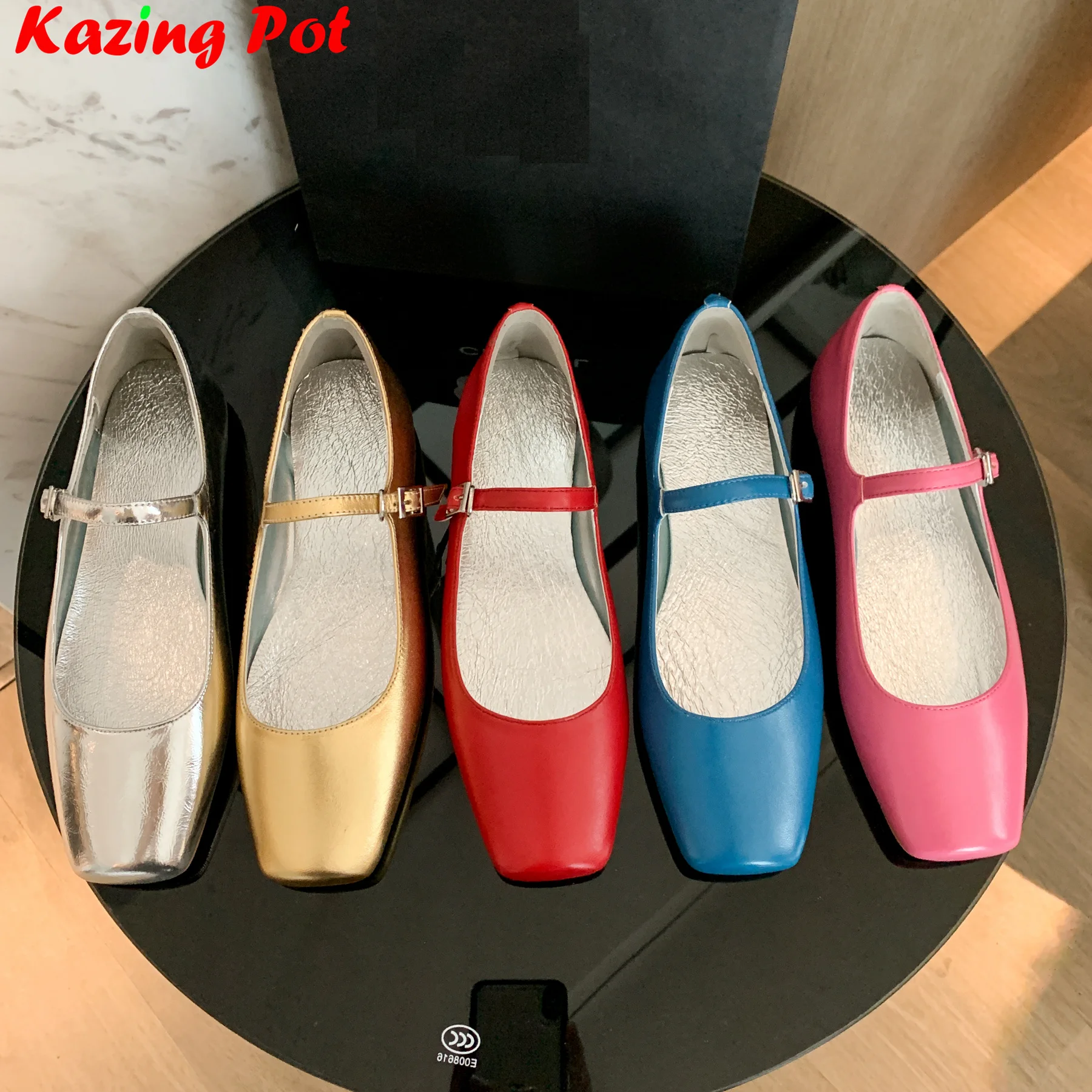 

Krazing Pot Cow Leather Square Toe Shallow Luxury Mary Janes Solid Buckle Strap Concise Spring Summer Dance Women Ballet Flats