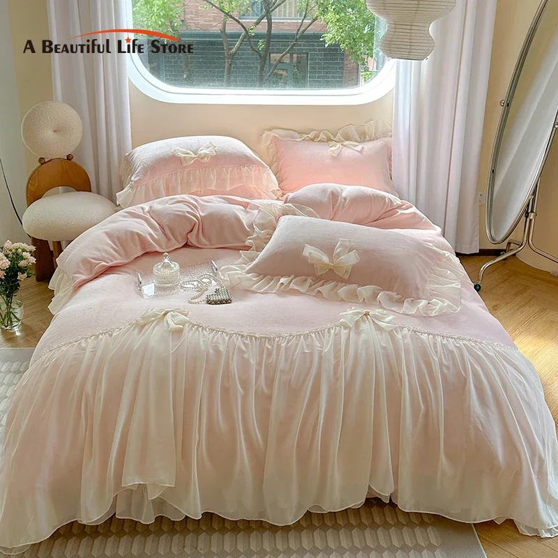 Pink Romantic Lace Ruffles with Bow, French Princess Bedding Set, Plush, Warm Velvet, Fleece Duvet Cover, Bed Sheet, Pillowcases
Pink Romantic Lace Ruffles with Bow, French Princess Bedding Set, Plush, Warm Velvet, Fleece Duvet Cover, Bed Sheet, Pillowcases