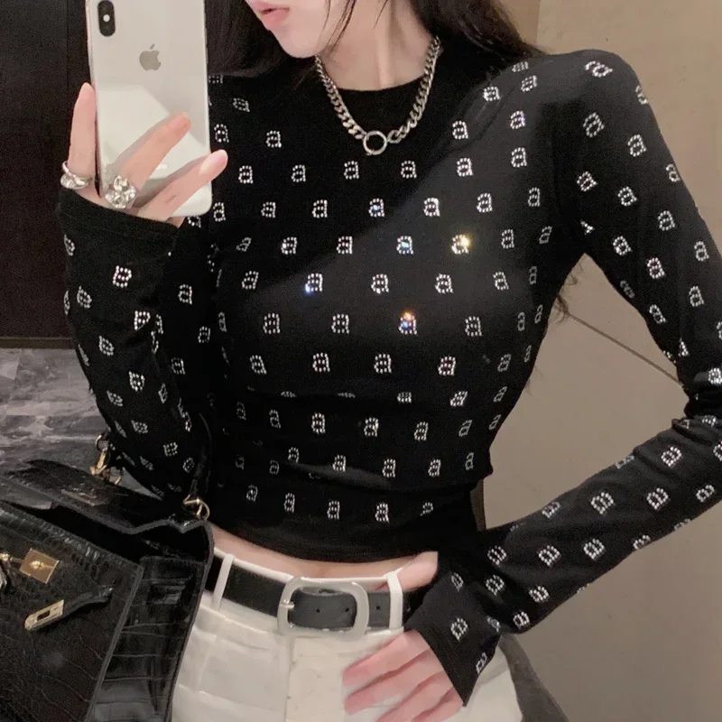 

AW Wang Diamond A Letter O-neck Long Sleeve Black Slim T-shirt For Women Crop Top Tshirts Star Girl Y2k Short Stich Tees Clothes