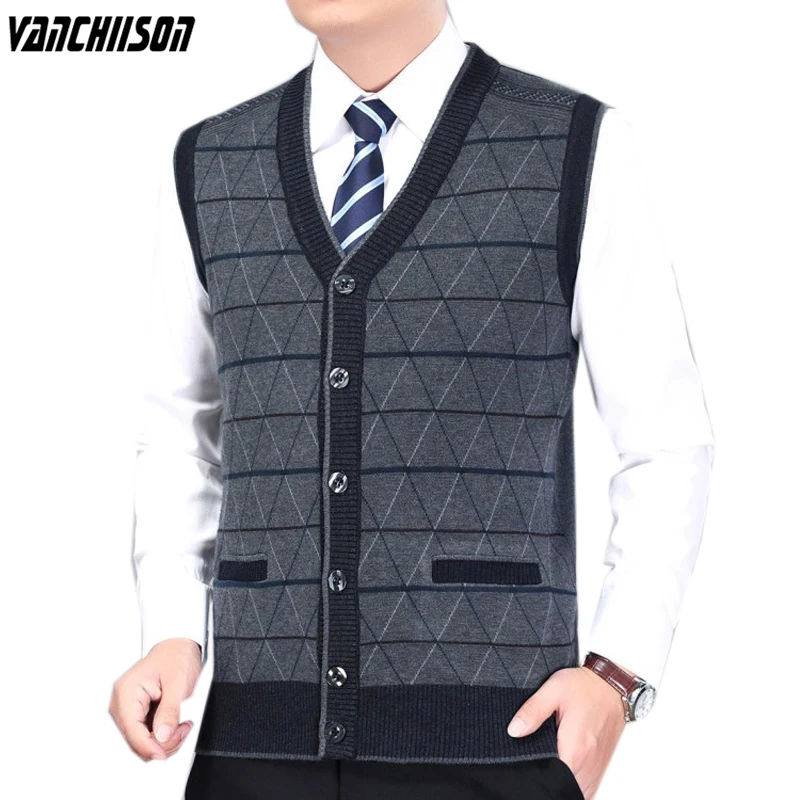 

Men 19.7% Wool Knit Vest Buttons Down Basic Sweater Cardigan Sleeveless Jacket Plaids Vintage for Autumn Winter V Neck 00290