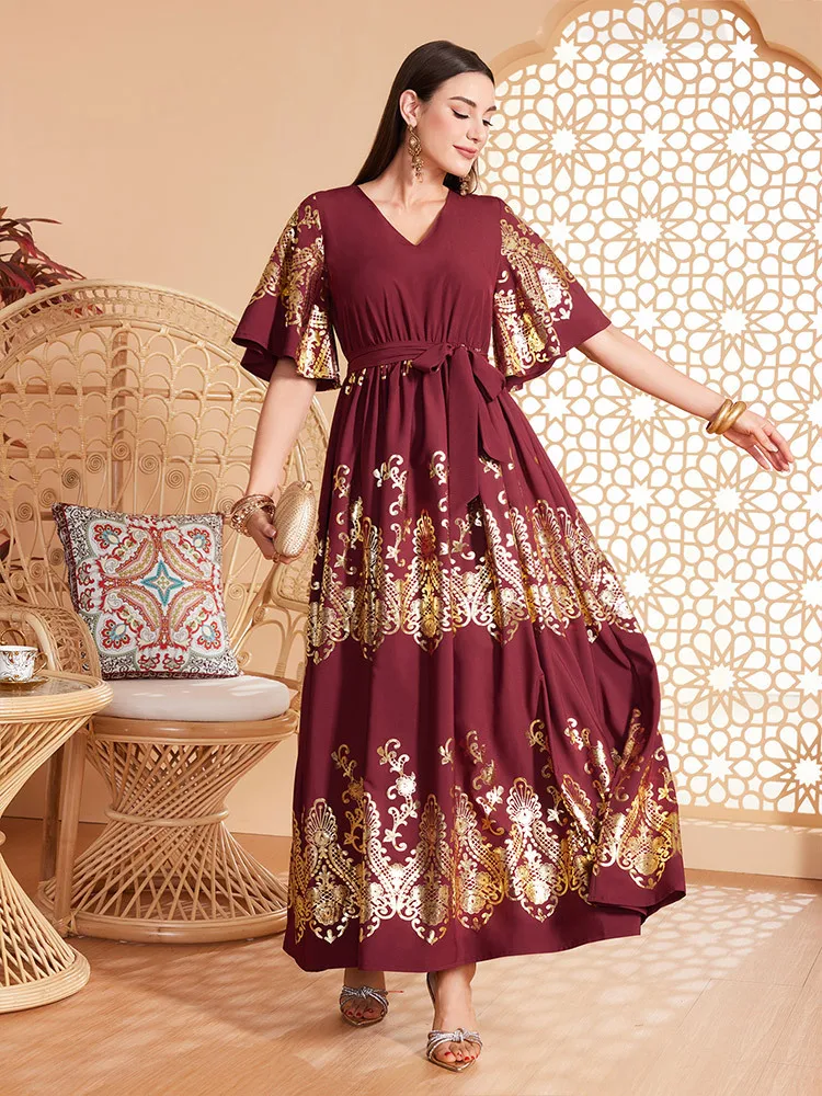 

Elegant Women Print V-Neck Evening Wedding Party Maxi Dress Ramadan Abaya Dubai Turkish Kaftan Arabic Robe Marocain Jalabiya Eid