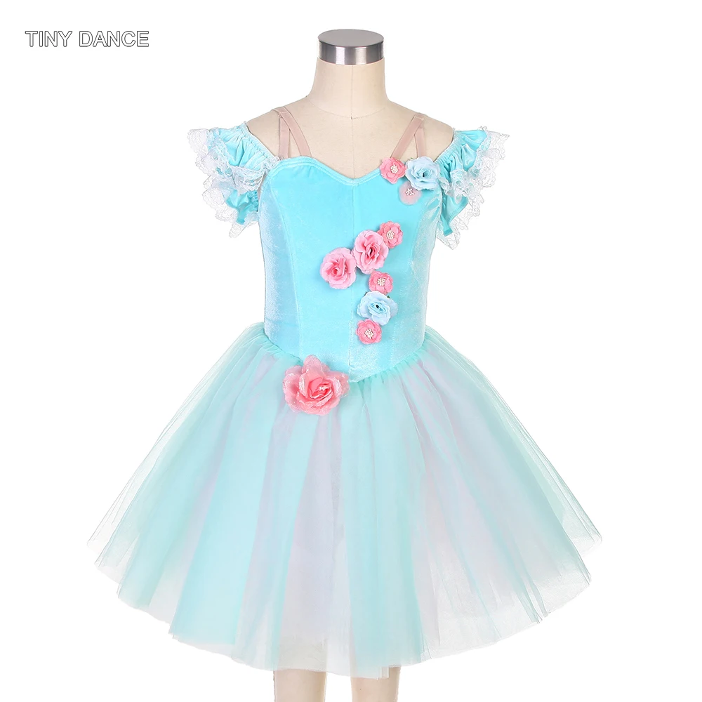 

Girls and Women Ballet Dance Costume Off Shoulder Aqua Blue Velvet Bodice with Layers of Soft Tulle Romantic Tutu Skirt 22118