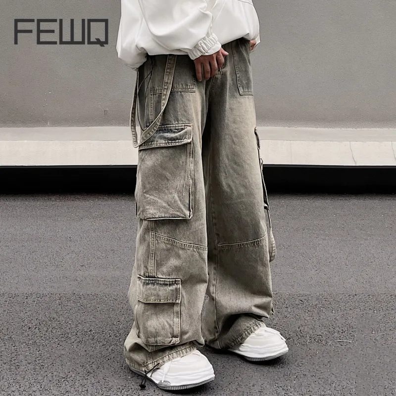 

FEWQ Men Jeans American Straight Tube Mud Dyed Autumn Winter Loose Multi Pocket Workwear Pants 2023 Vintage Male Trousers