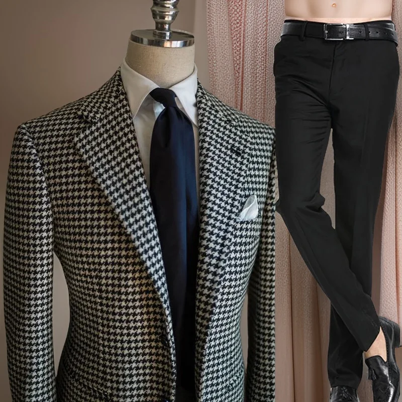 

Plaid Prom Men Suits Slim Fit 2 Pieces Wedding Groom Tuxedo Custom Houndstooth Fashion Notch Check Blazer (Jacket+Black Pants)