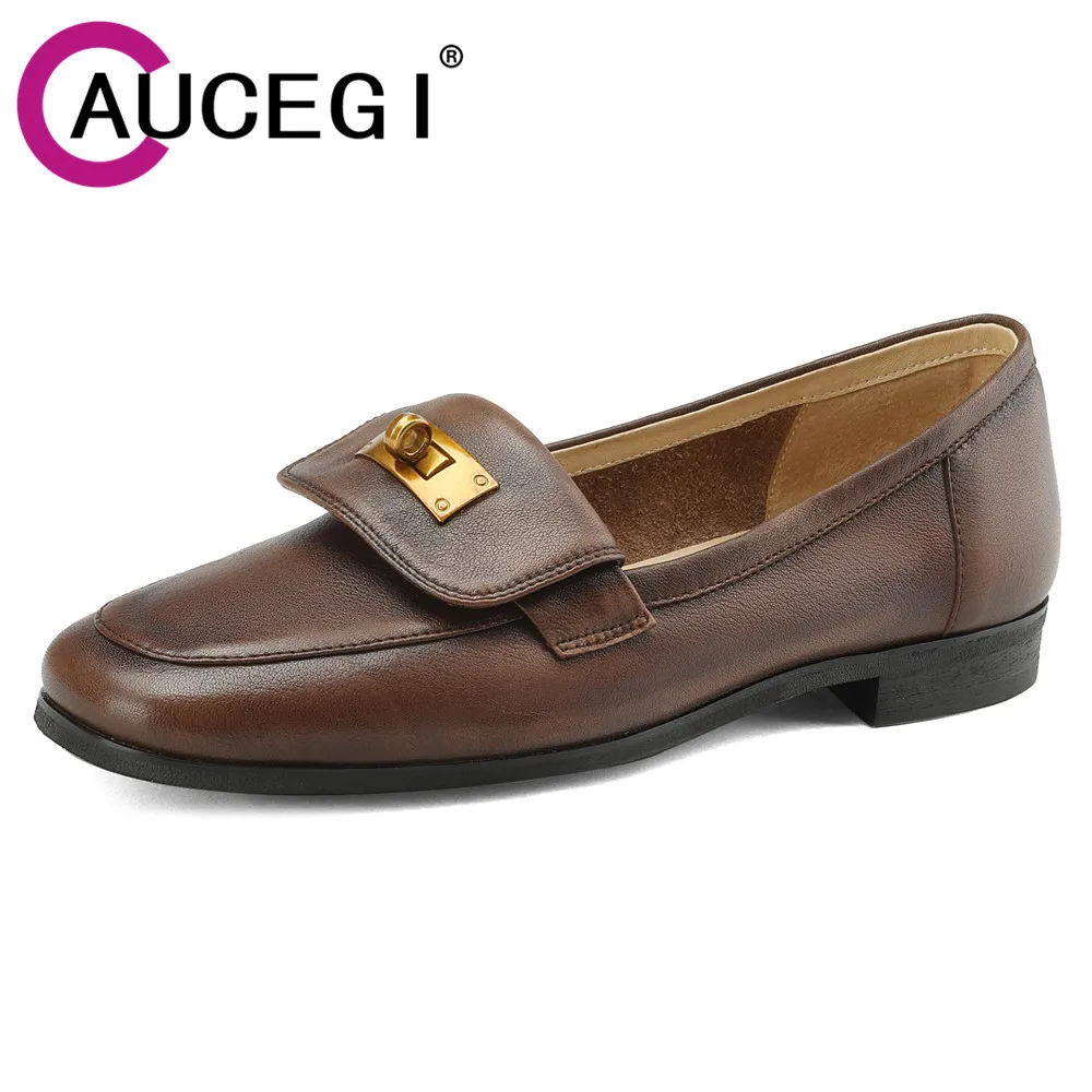 

Aucegi British Style Genuine Leather Women Loafers New Designer Retro Round Toe Comfortable Flats Heels Commuter Handmade Shoes