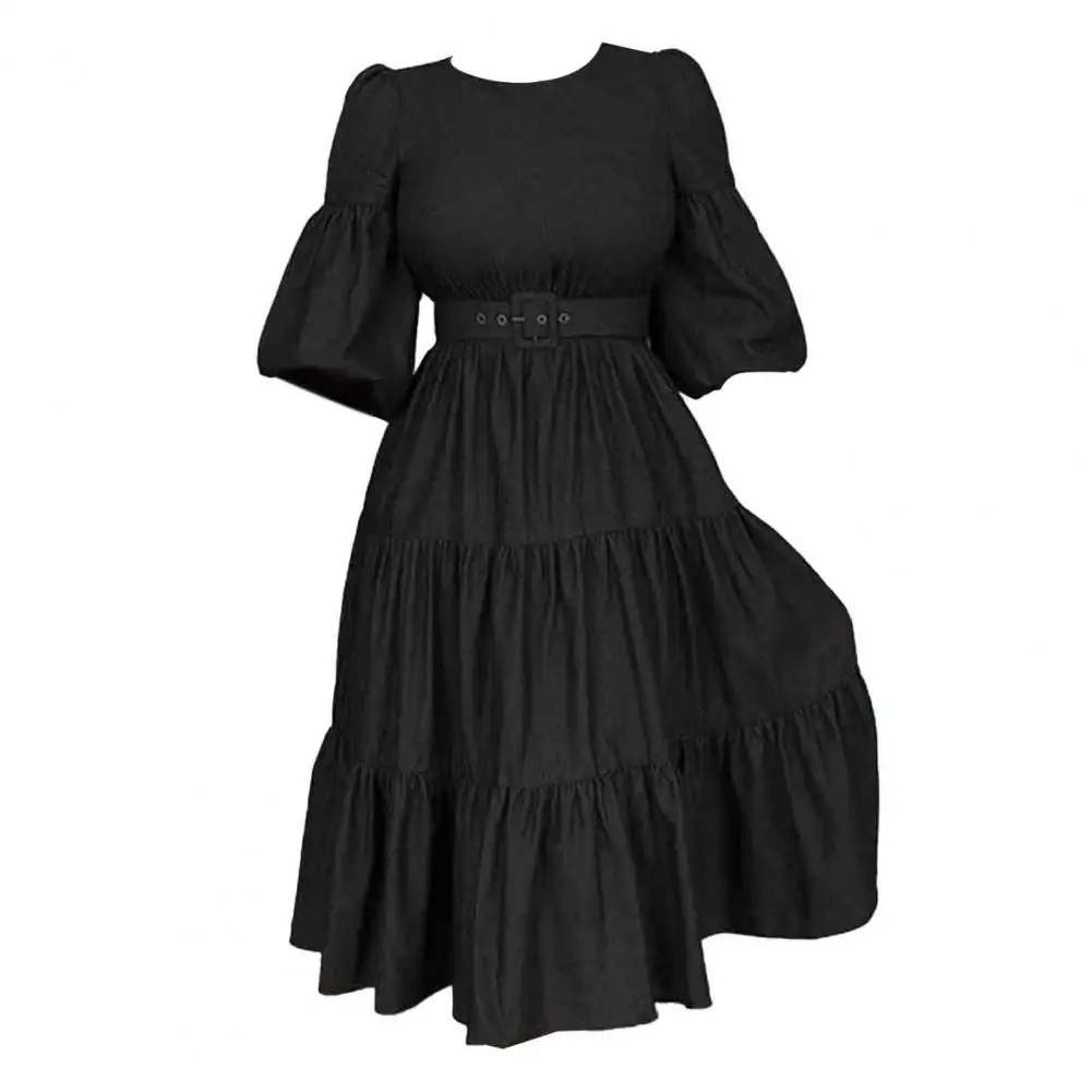 

Autumn Swing Dress Elegant A-line Midi Dress with Puff Sleeves Belted Waist Soft Patchwork Pleats for Women Round Neck Dress