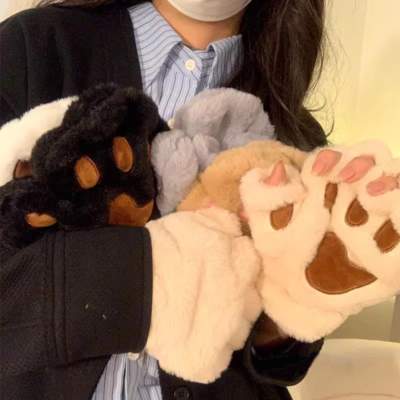 

New Kawaii Women Cat Gloves Fashion Girls Cat Claw Paw Plush Mittens Warm Soft Plush Short Fingerless Half Finger Winter Gloves