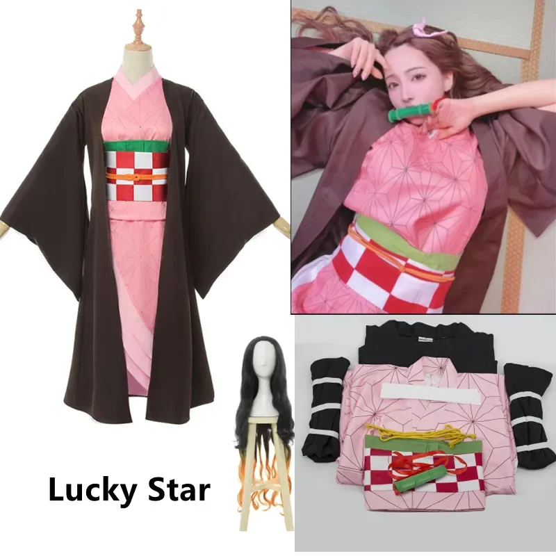 

Anime Demon Slayer Kimetsu No Yaiba Cosplay Costume Nezuko Kamado Bamboo Tube Wig Kimono Uniform Halloween Clothes for Women Kid