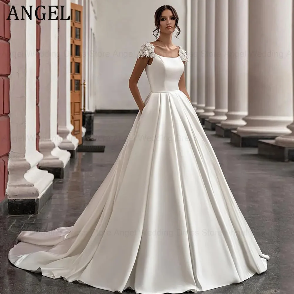 ANGEL Satin Wedding Dress For Women Elegant Cap Sleeve Scoop Neck Flowers Court Train A Line Bridal Gown Pockets Robe De Mariee 
ANGEL Satin Wedding Dress For Women Elegant Cap Sleeve Scoop Neck Flowers Court Train A Line Bridal Gown Pockets Robe De Mariee