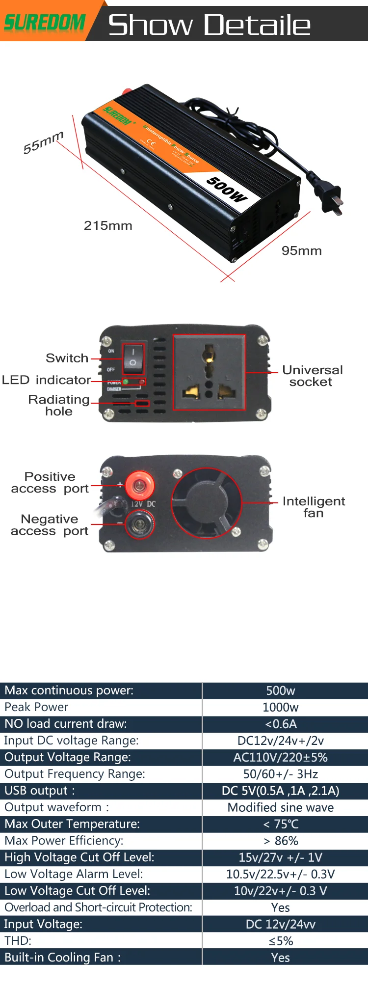 Generic SUREDOM 500W Peak 1000W DC to AC Power 12V/24V TO 220V ...