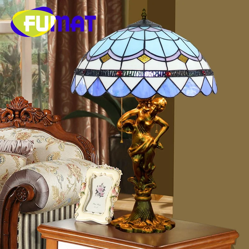 

FUMAT Tiffany blue Mediterranean style stained glass desk lamp art deco living room study bedroom bedside task lamp