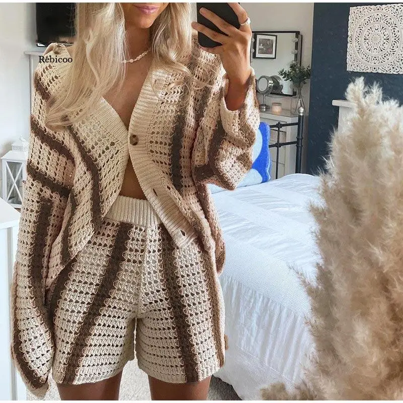 

Knitted Hollow Out Women's Shorts Sets Long Sleeve Cardigan For Women And Red Stripe Shorts Loose 2021 Autumn Casual Sweater