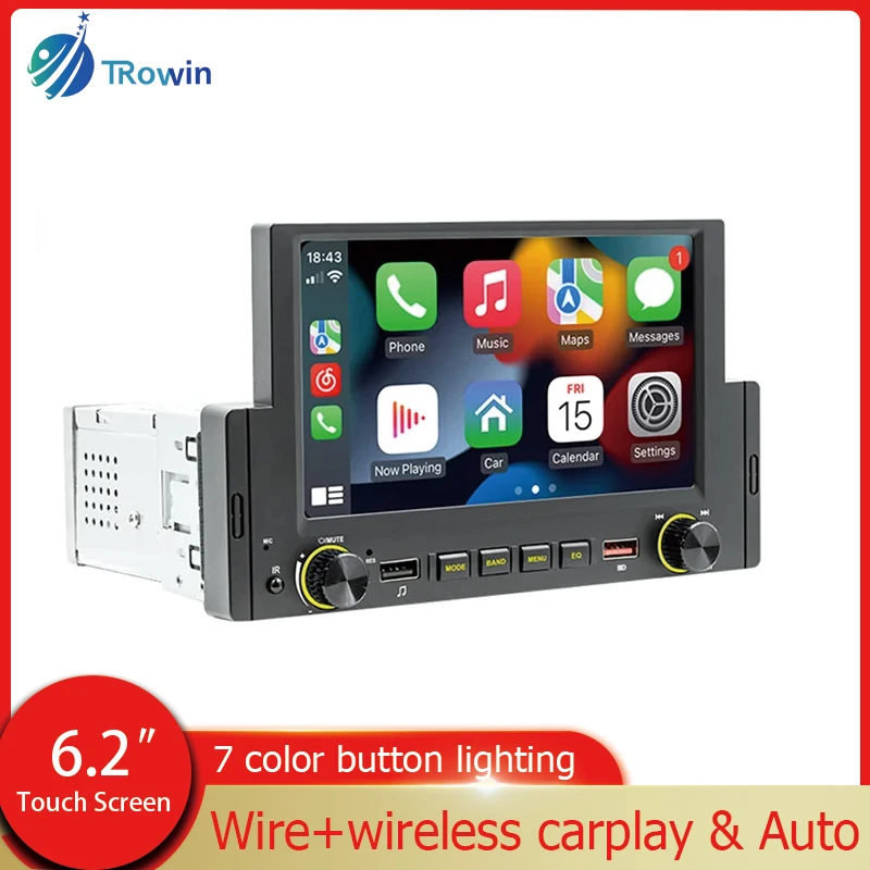 

Автомагнитола CarPlay 1DIN с проводным и беспроводным экраном 6,2 дюйма, автомобильная стереосистема с поддержкой BT, MP5, FM, аудиосистема, автомобильные аксессуары