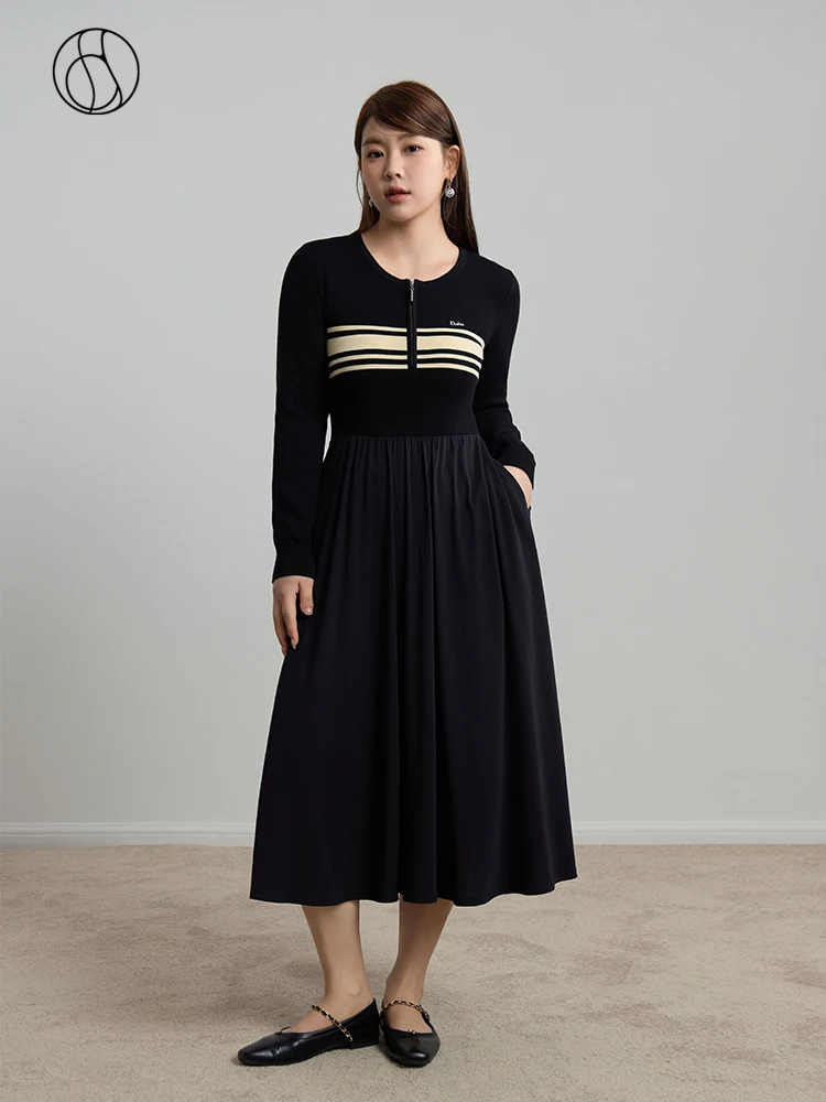 

DUSHU Knitted Contrasting Stitching A-Line Dress for Women 2023 Autumn New Round Collar Slim Fit High Waist Long Skirt Female