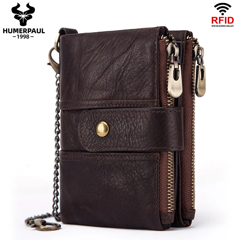 

Retro Crazy Horse Cowhide Men's Wallet, RFID Anti theft Brush, Real Leather Bag, Multi functional Buckle Zipper, Zero Wallet