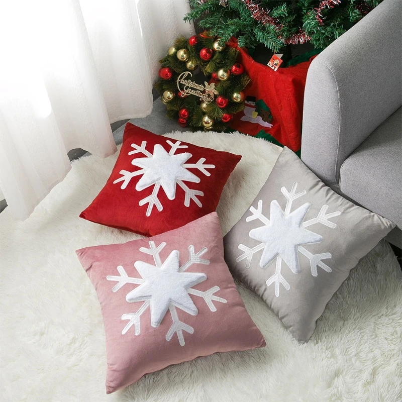 

Christmas Throw Pillow for Case Xmas 3D Plush Snowflake Applique Embroidered Sofa Decorative Square Cushion Cover F0T4