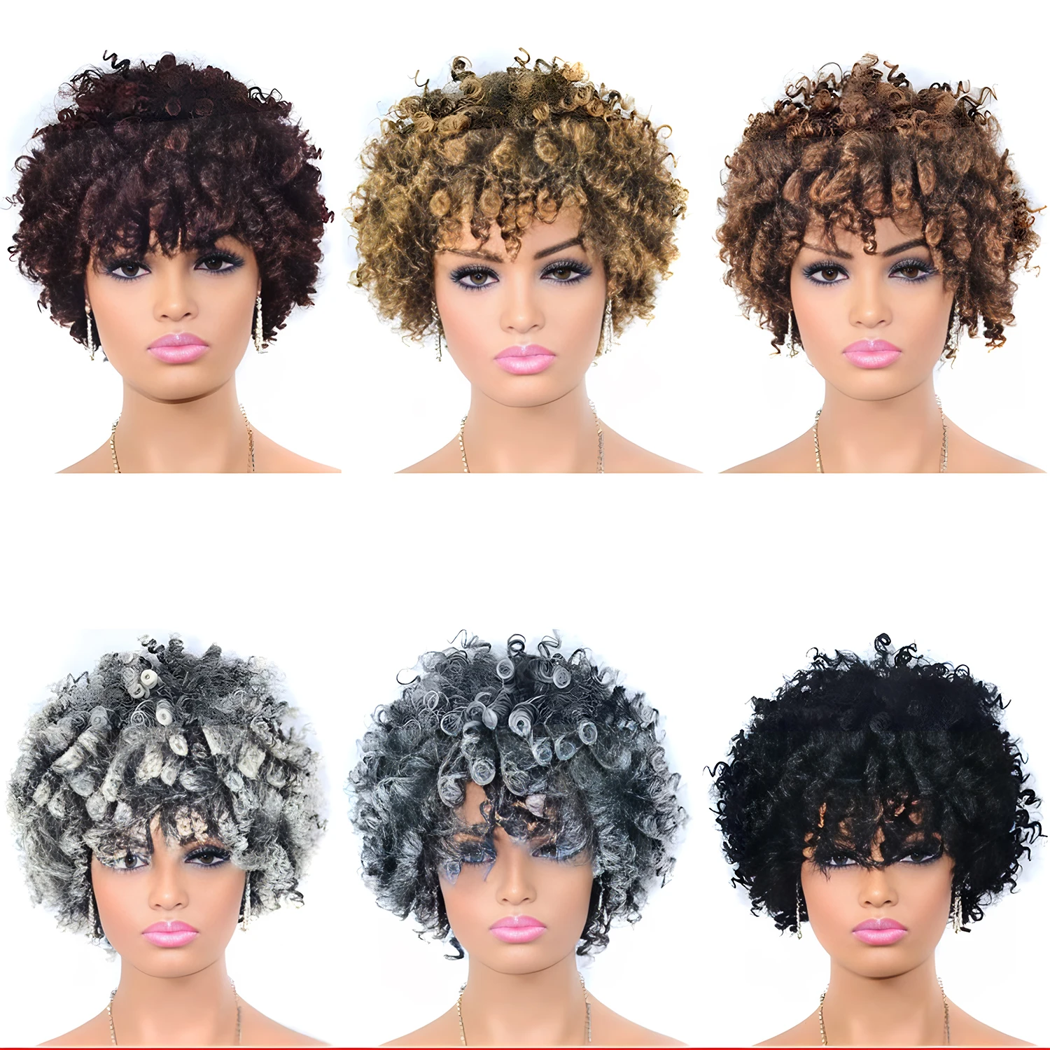 

Short Afro Kinky Curly Wigs With Bangs For Black Women Synthetic Ombre Natural Heat Resistant Hair Brown Cosplay Highlight Wigs