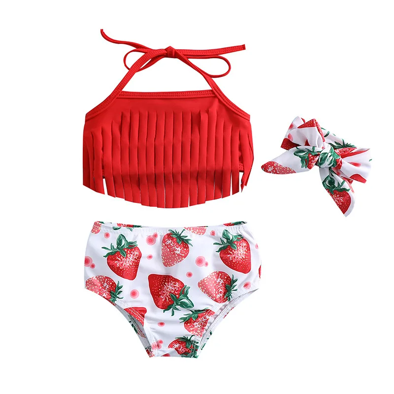 

2024 Summer Girls Strawberry Print Split Bathing Suit Set 0-4Y Kids Red Tassels Sling Swimsuit Bikini Hair Clips Three-piece Set
