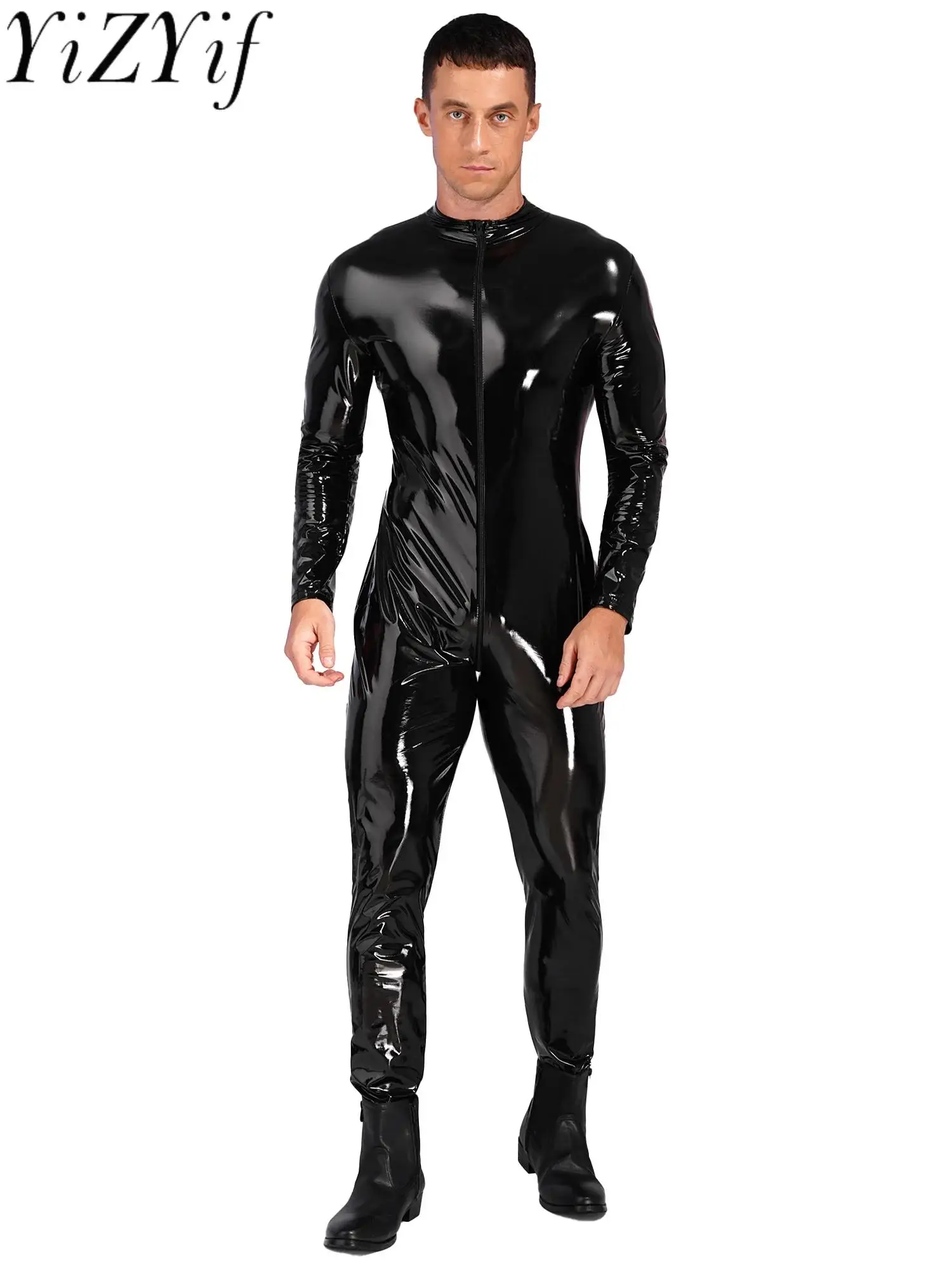 

Mens Wet Look Patent Leather Bodysuit Rave Party Nightclub Pole Dancing Show Costume Long Sleeve Zipper Crotch Jumpsuit Clubwear