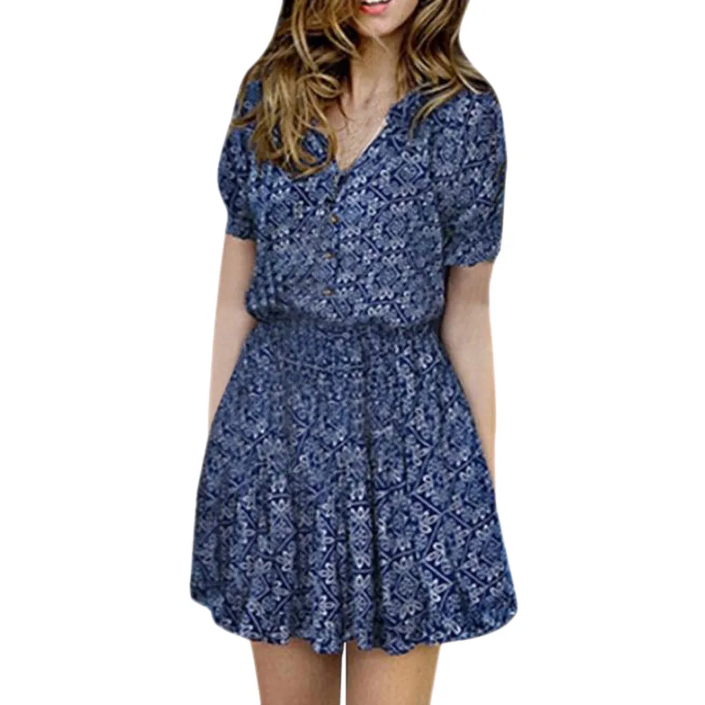 

Sexy Summer Women'S Dress Floral Print V-Neck Casual Short Sleeve Mini Dress Chiffon Beach Dress Tunic Sundress Party Dress