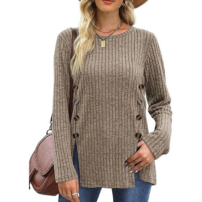

Women's Clothing Commuter Versatile 2023 Autumn and Winter New Splice Button Round Neck Long Sleeve Solid Color Casual Pullover