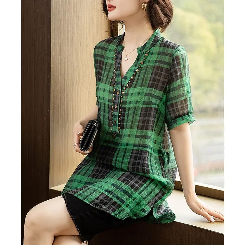 Summer V-neck Fashion Short Sleeve Blouse Women High Street Casual Loose Pullovers Embroidered Flares Plaid Mid-length Chic Top
Summer V-neck Fashion Short Sleeve Blouse Women High Street Casual Loose Pullovers Embroidered Flares Plaid Mid-length Chic Top