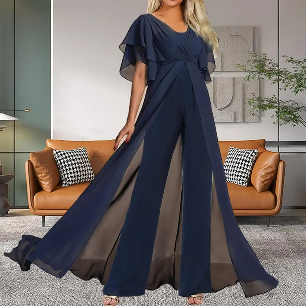 Women Jumpsuit Elegant V-neck Jumpsuit with Wide-leg Hem High Waist See-through Back Zipper for Parties Proms Splicing Design
Women Jumpsuit Elegant V-neck Jumpsuit with Wide-leg Hem High Waist See-through Back Zipper for Parties Proms Splicing Design