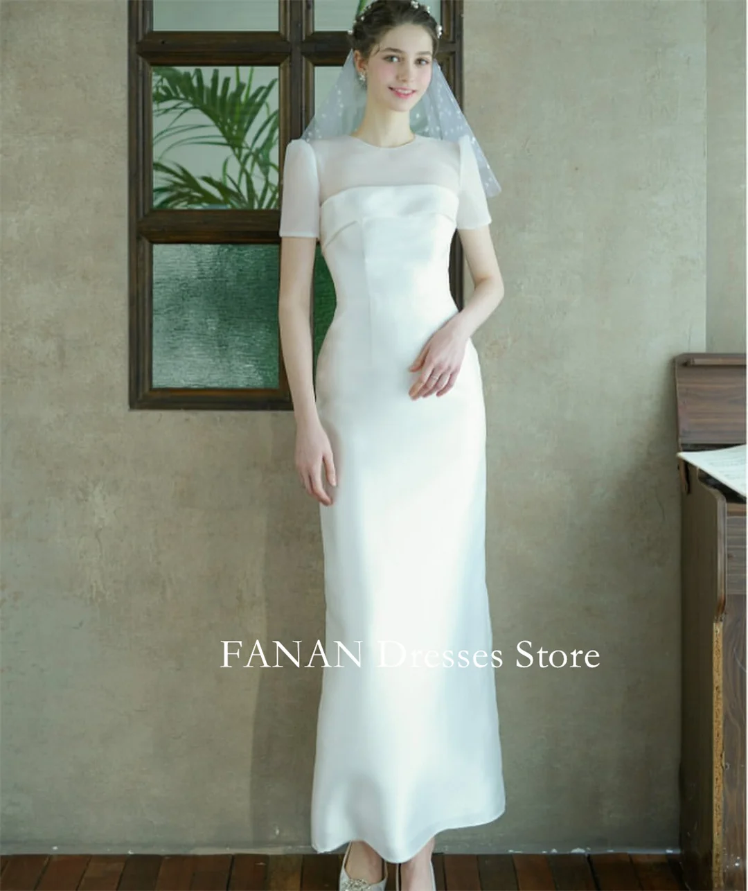 

FANAN Elegant Sheath Korea Ivory Satin Wedding Dresses 웨딩드레스 O-Neck Ankle Length Custom Made Pretty Bride Gowns Plus Size