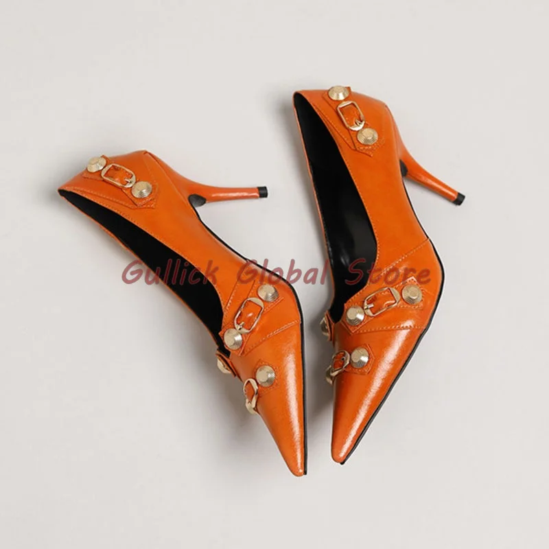 

2024 New Arrival Stiletto PU Pointed Toe Shallow Metal Rivet Pumps Spring Career Elegant Women High Heels Breathable Cosy Casual