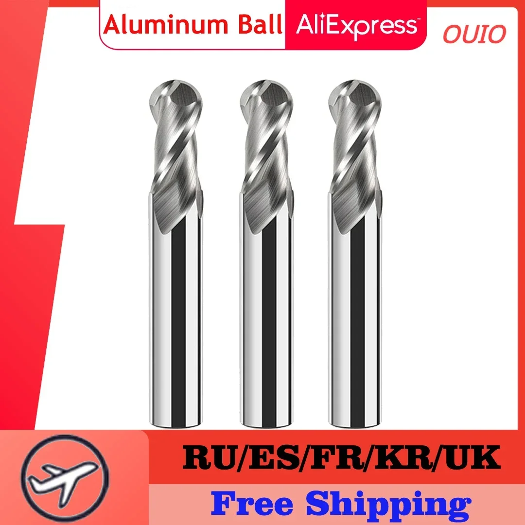 

OUIO HRC55 EndMill Special for Aluminum Ball Nose Milling Cutter Tools Carbide 2 Flutes Spherical CNC End Mills Spiral Cutters