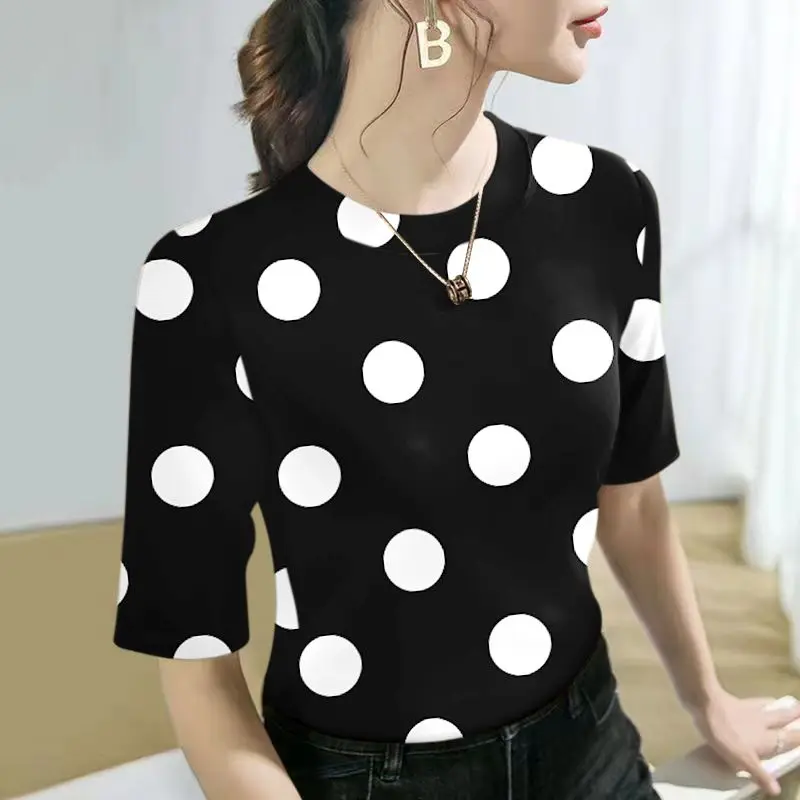 

2024 Women's Summer New Fashion Loose Pullover Versatile Polka Dot Contrast Color Printed Short Sleeve T-shirts Round Neck Tops