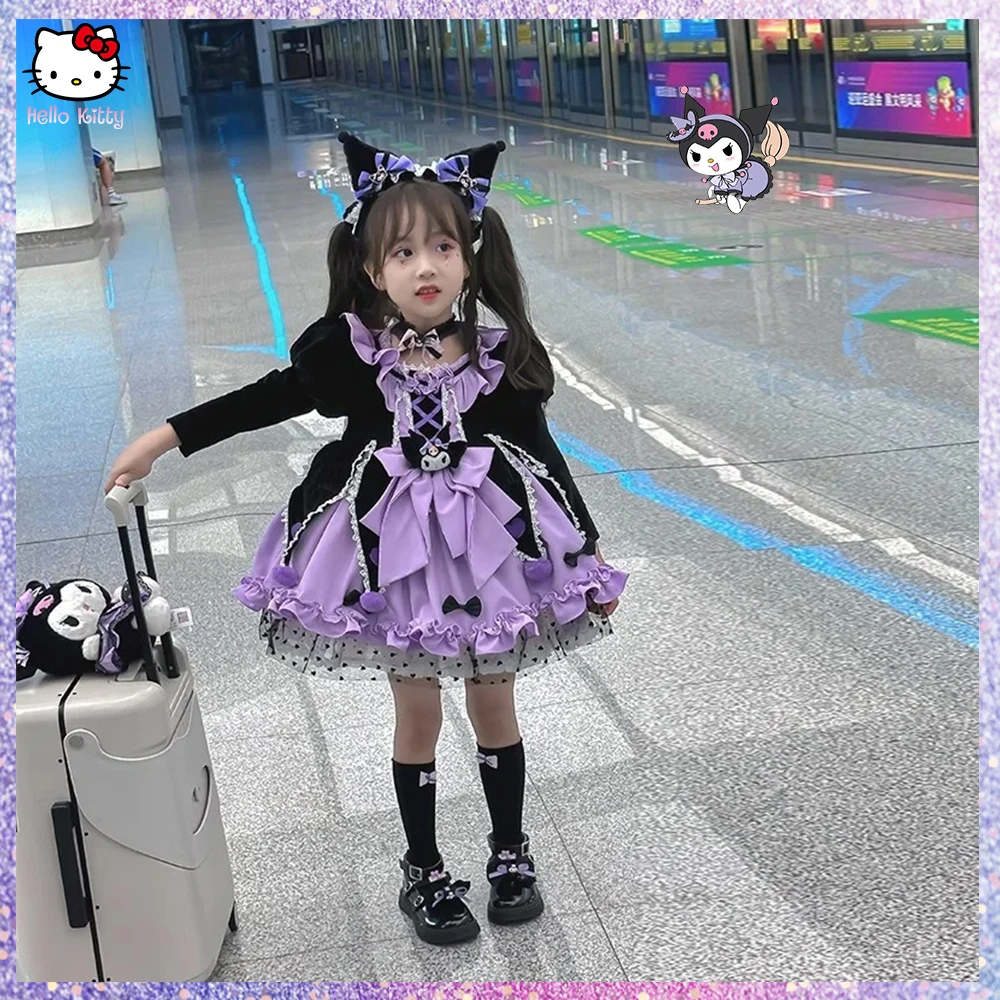 

Anime Kawaii Sanrios Kuromi Lolita Dress Girl Cute Cartoon Princess Dress Birthday Party Role Play Dress Long Sleeved Dress Gift