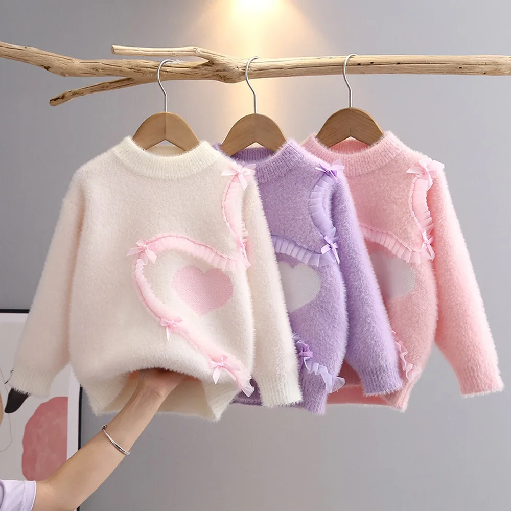 

3-8T Girls Sweater Mink Velvet Autumn and Winter New Pullover O-Neck Knitted Top Girl Purple Outerwear Children Clothes Kids Top