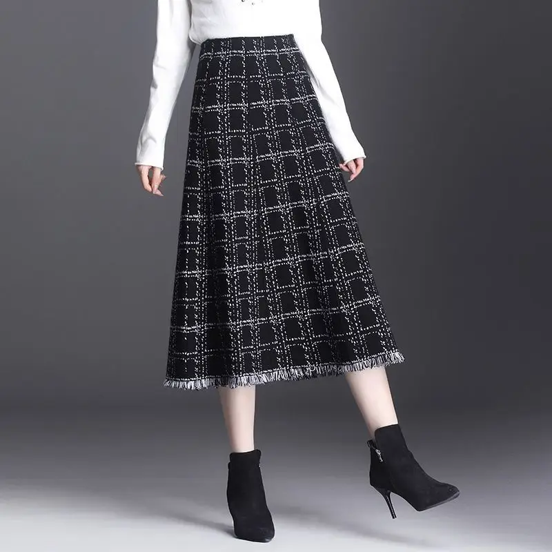 

2024 New Spring Autumn Houndstooth A-line Knitted Skirt For Women Clothing Winter Korean Wrapped Hip Tassels Woolen Skirts