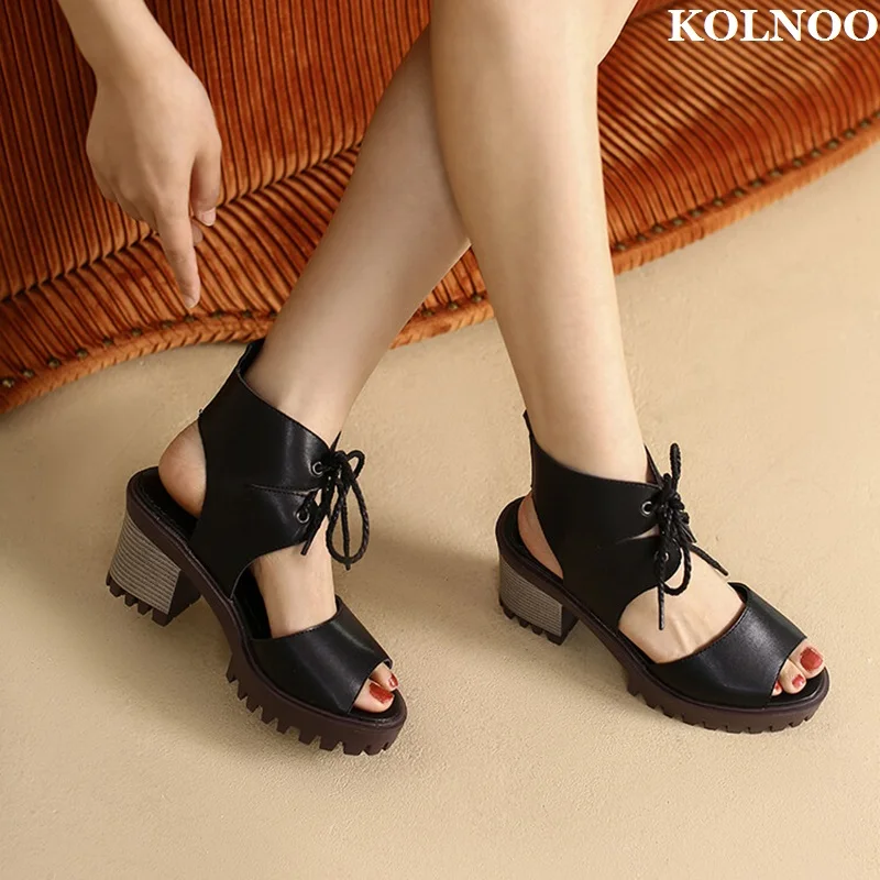 

Kolnoo New Classic Style Ladies Chunky Heel Sandals Slingback Crisscross Shoelace Peep-toe Summer Evening Party Fashion Shoes