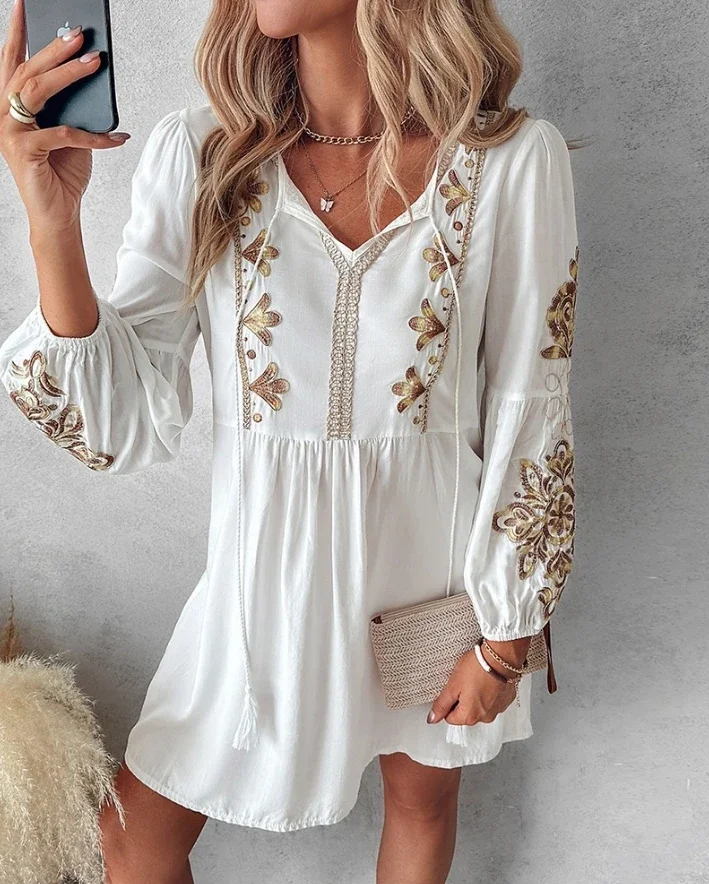 

Casual Dresses Women's Clothing 2024 Summer Fashion Floral Embroidery Tied Detail Vacation Daily Long Sleeve Loose A Line Dress