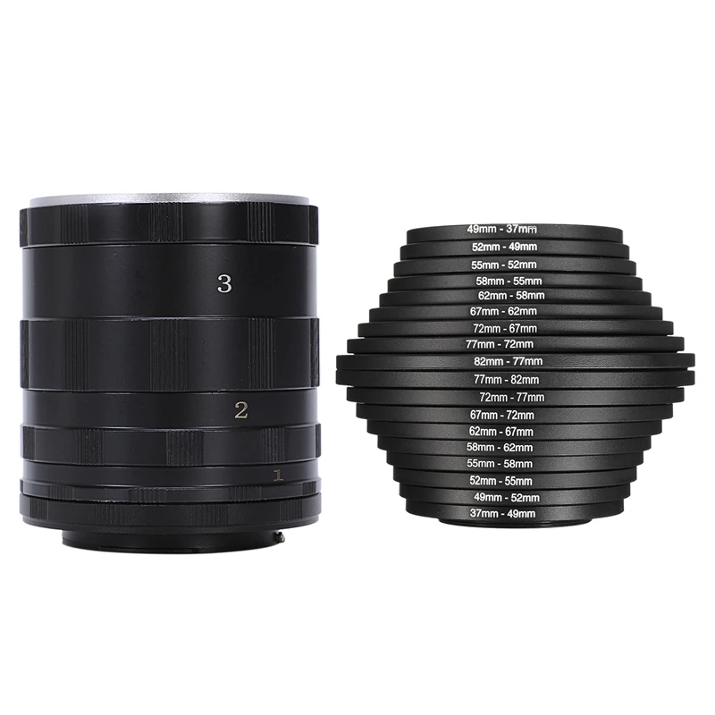 

3 шага макро Удлинительное Кольцо трубка для всех Nikon Dslr Slr Uk местная доставка и 18 шт. фильтров для объектива Кольцо адаптер повышающий вниз 37-82 мм