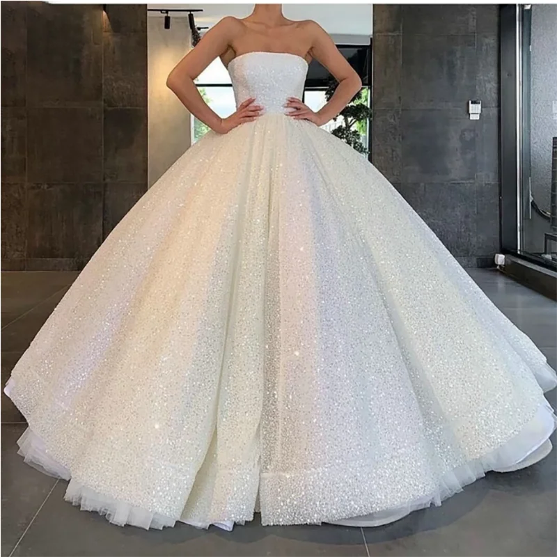 

Plus Size Sparkly Boho Wedding Dress 2022 Strapless Sequin Ball Gown Bride Dresses Long Vestido De Noiva Elegant Custom Made