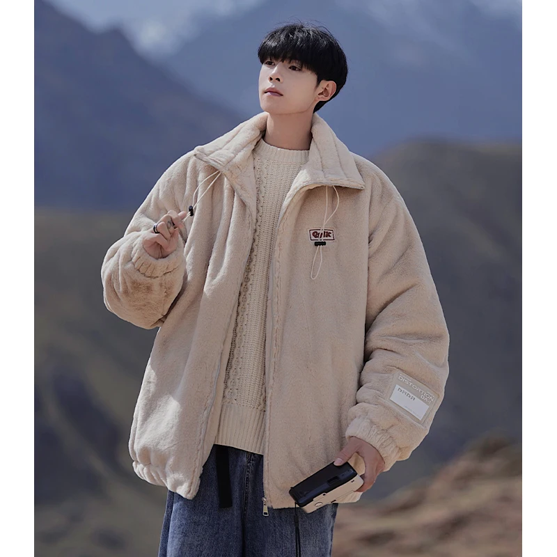 

Privathinker Thicken Faux Rabbit Plush Man Parkas Winter New Warm Harajuku Jackets Fashion Brand Male Loose Embroidered Coat