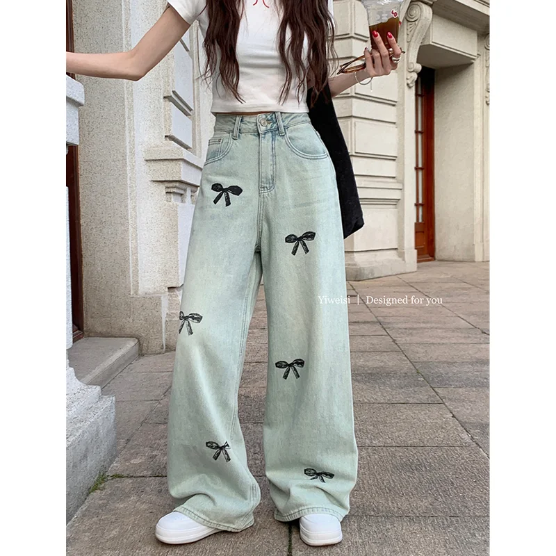 

Summer Blue Womens Jeans High Waist Baggy Casual Vintage Straight Y2K Pants Streetwear American Wide Leg Denim Bow Print Trouser