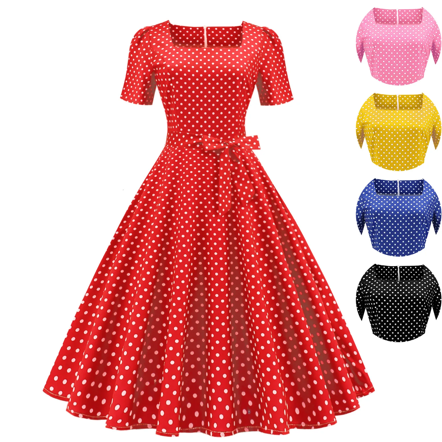 

Audrey Hepburn Square Neck Short Sleeve Polka Dot Print Waist Wrap Dress Retro 50s 60s Swing Rockabilly Party Office Dress Ladie