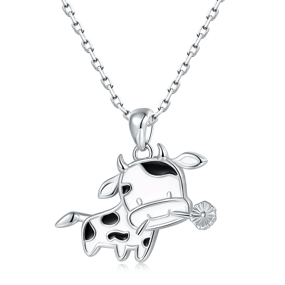 

New 925-Sterling-Silver Cute Animal Cow With Enamel Pendant Necklace Brithday Valentine Jewelry Gifts for Women Girl Cow Lovers