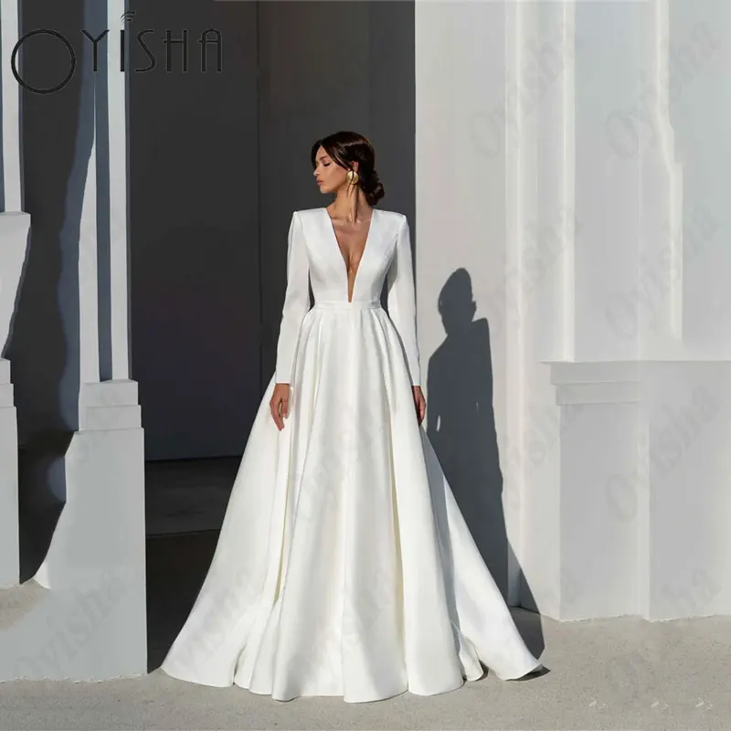 OYISHA A-Line Satin Wedding Dresses Elegant V-Neck Full Sleeves Simple Bridal Gowns For Woman Exquisite Sexy Vestido De Mariages
OYISHA A-Line Satin Wedding Dresses Elegant V-Neck Full Sleeves Simple Bridal Gowns For Woman Exquisite Sexy Vestido De Mariages