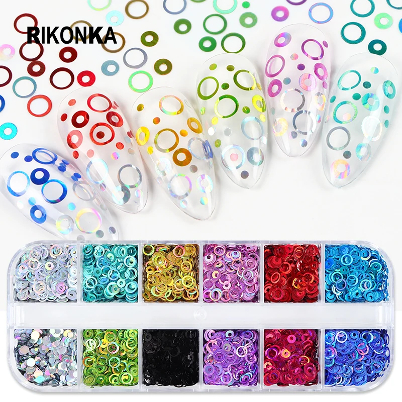 

12 Grids Holographic Nail Sequins Hollow Circle Round Glitter Flakes Mixed Color Mirror Paillette Spangle Nail Art Decorations